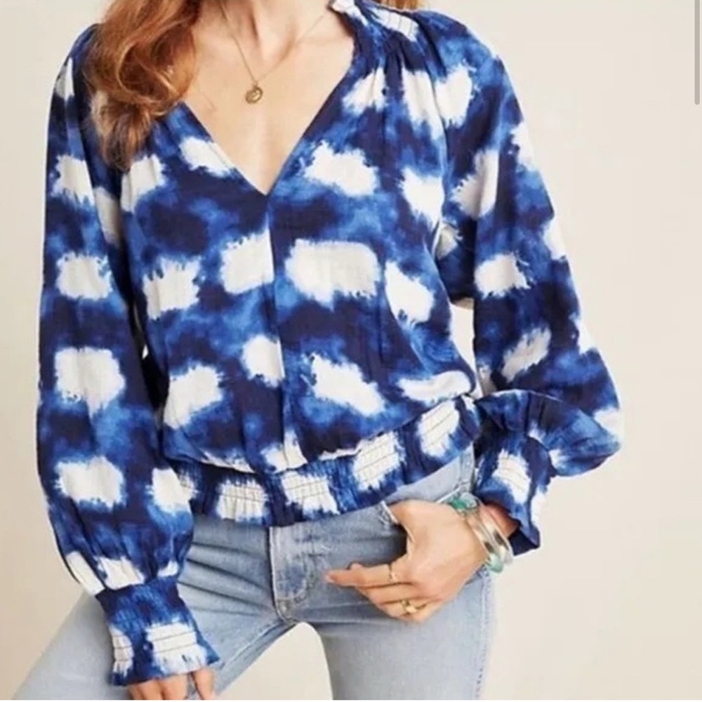 ANTHROPOLOGIE Porridge Ines Textured Gauzy Peasant Top Blue White Size Medium